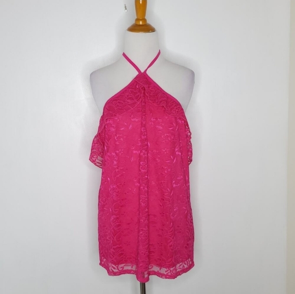 torrid Tops - NEW Torrid Candy Pink Ruffle Top Halter Cold Shoulder Lace Barbiecore Size 2